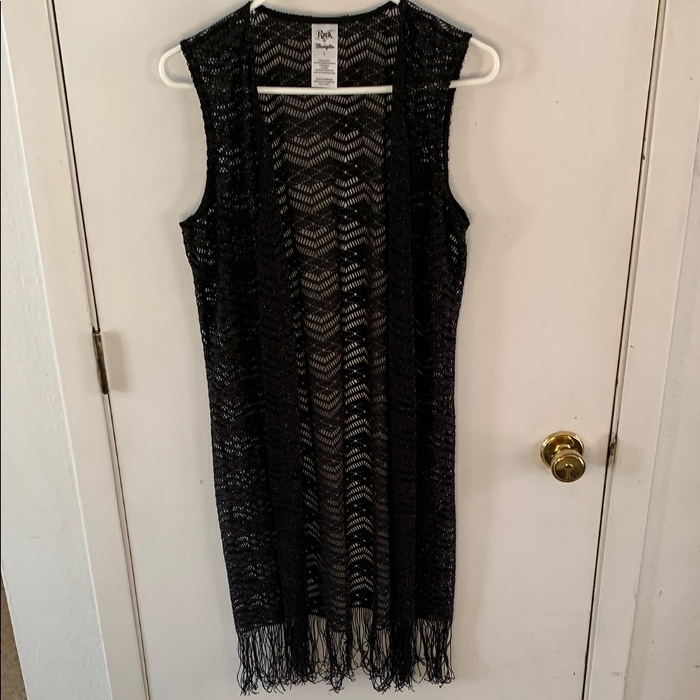 Wrangler Rock 47 black crochet vest with silver metallic thread and fringe Sz L